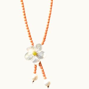Dainty Floral Pendant With Coral Tone Beaded Lariat Style Chain